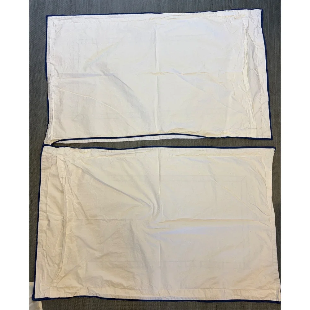 Pottery Barn King Pillow Shams Set of 2 White Navy Blue Bordered Coastal Cotton